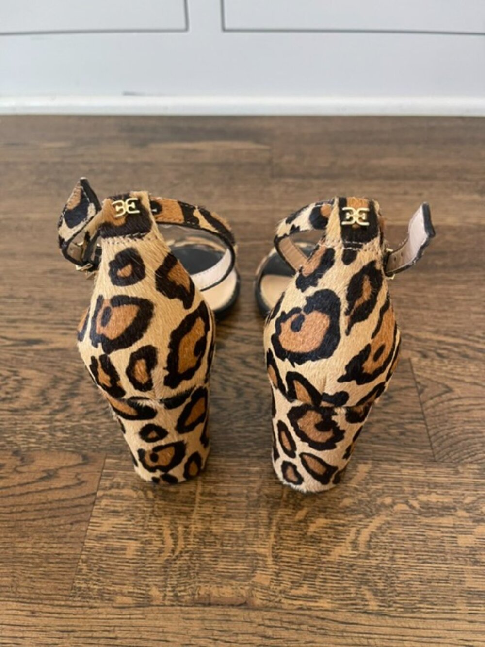 Sam Edelman Odila Leopard Calf Hair Scalloped Ankle Strap Block Heels 8.5 EUC - Picture 2 of 4